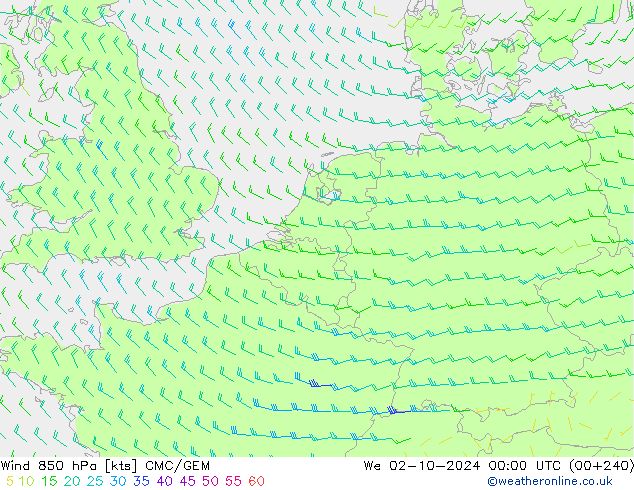 Rüzgar 850 hPa CMC/GEM Çar 02.10.2024 00 UTC