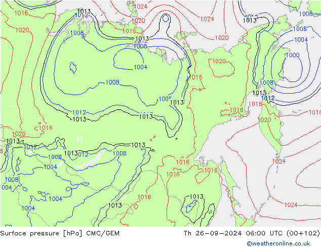 Atmosférický tlak CMC/GEM Čt 26.09.2024 06 UTC