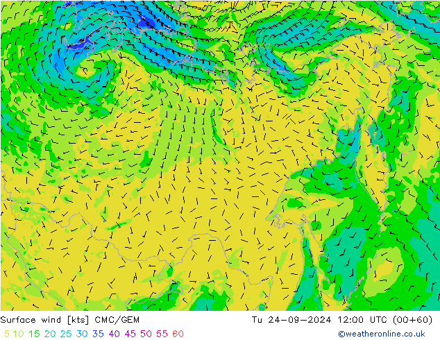 Vento 10 m CMC/GEM mar 24.09.2024 12 UTC