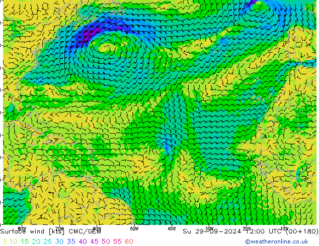 Wind 10 m CMC/GEM zo 29.09.2024 12 UTC