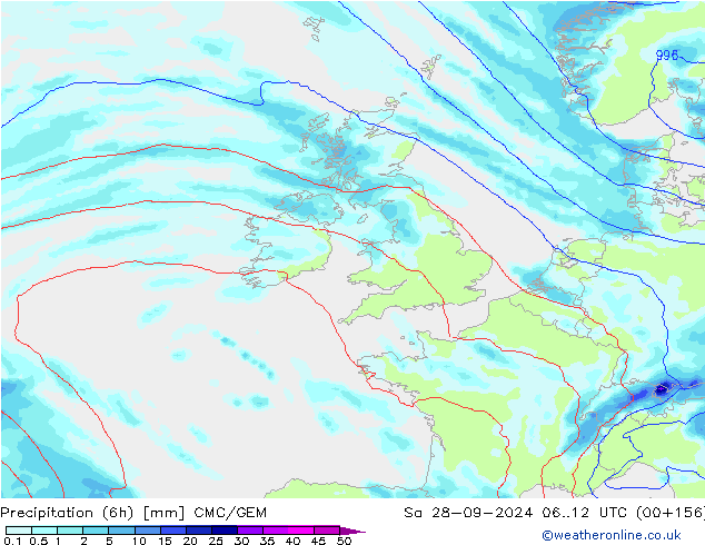 Precipitation (6h) CMC/GEM So 28.09.2024 12 UTC