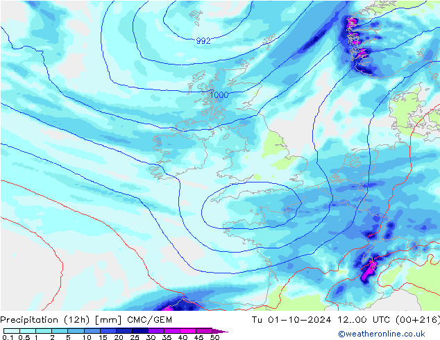 Precipitation (12h) CMC/GEM Út 01.10.2024 00 UTC