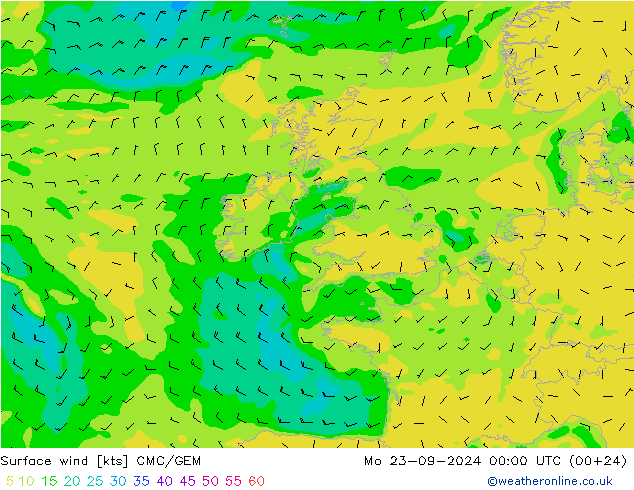 Surface wind CMC/GEM Mo 23.09.2024 00 UTC