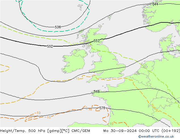 Hoogte/Temp. 500 hPa CMC/GEM ma 30.09.2024 00 UTC