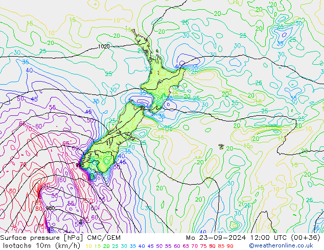 Eşrüzgar Hızları (km/sa) CMC/GEM Pzt 23.09.2024 12 UTC