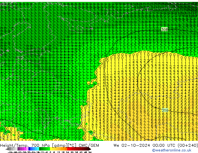 Height/Temp. 700 hPa CMC/GEM Mi 02.10.2024 00 UTC