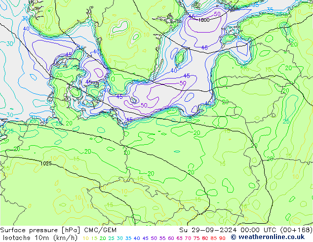 Isotachs (kph) CMC/GEM Вс 29.09.2024 00 UTC