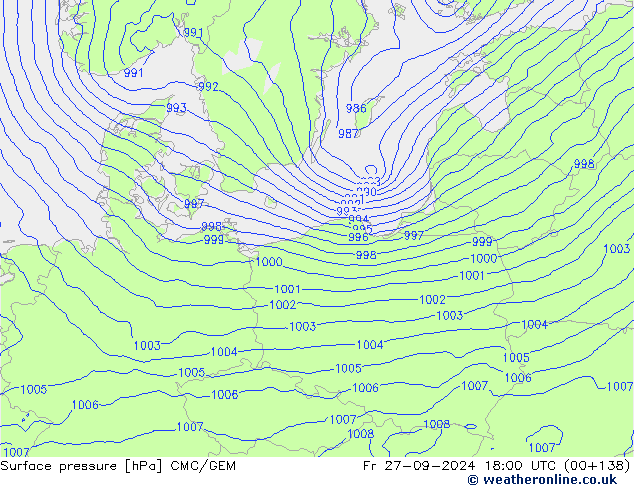 Surface pressure CMC/GEM Fr 27.09.2024 18 UTC