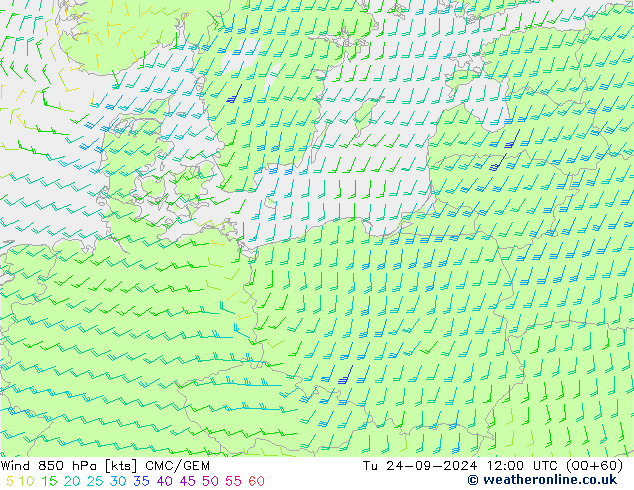 ветер 850 гПа CMC/GEM вт 24.09.2024 12 UTC