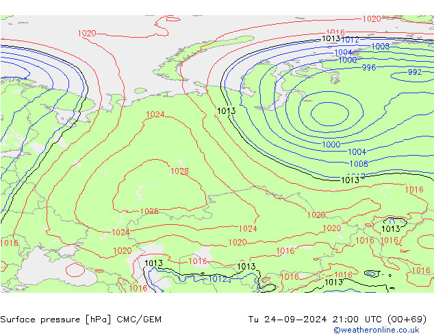 Surface pressure CMC/GEM Tu 24.09.2024 21 UTC