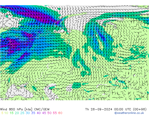 Vento 850 hPa CMC/GEM gio 26.09.2024 00 UTC