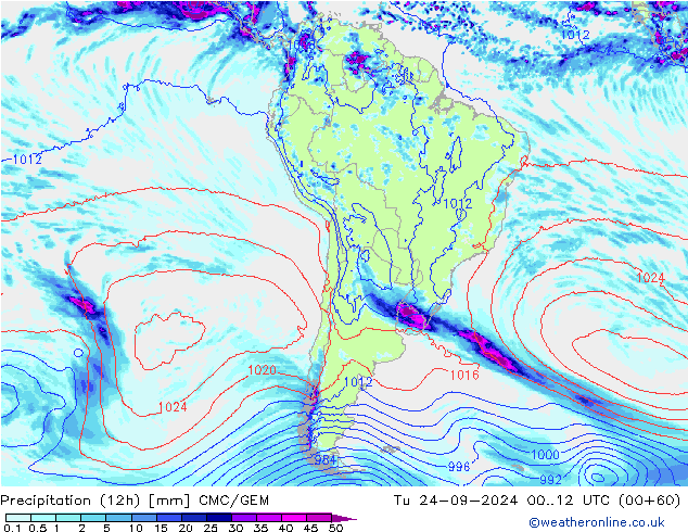 Precipitation (12h) CMC/GEM Út 24.09.2024 12 UTC