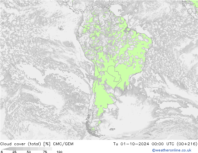 nuvens (total) CMC/GEM Ter 01.10.2024 00 UTC