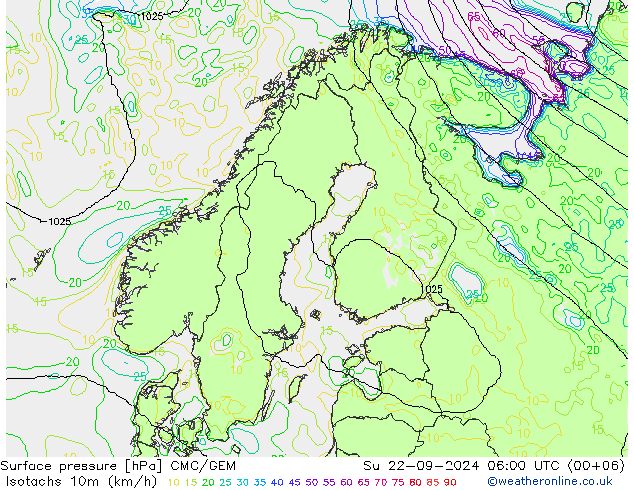 10米等风速线 (kph) CMC/GEM 星期日 22.09.2024 06 UTC