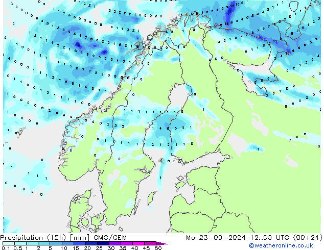 Precipitation (12h) CMC/GEM Mo 23.09.2024 00 UTC