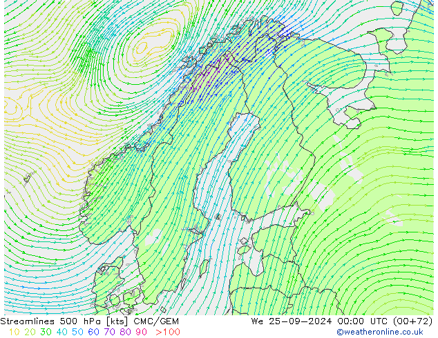 Stromlinien 500 hPa CMC/GEM Mi 25.09.2024 00 UTC