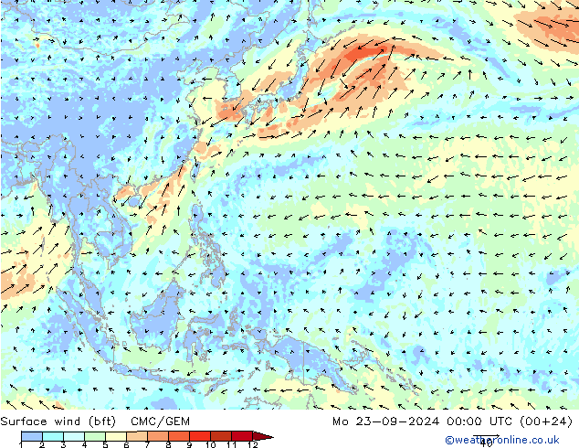 Surface wind (bft) CMC/GEM Po 23.09.2024 00 UTC