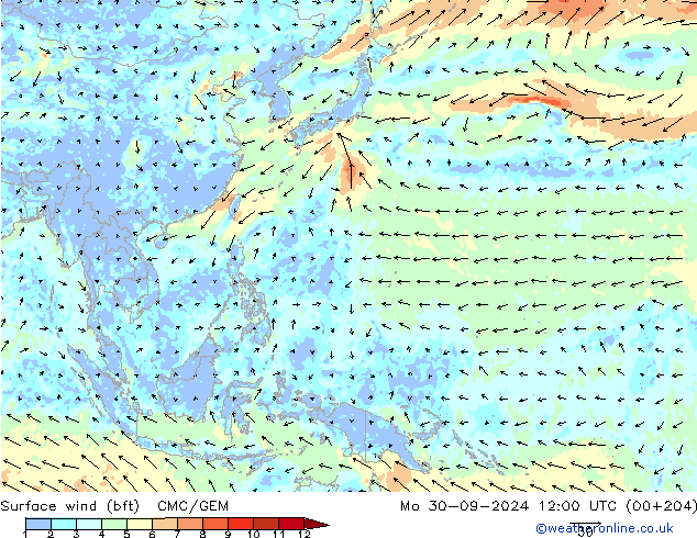 Wind 10 m (bft) CMC/GEM ma 30.09.2024 12 UTC