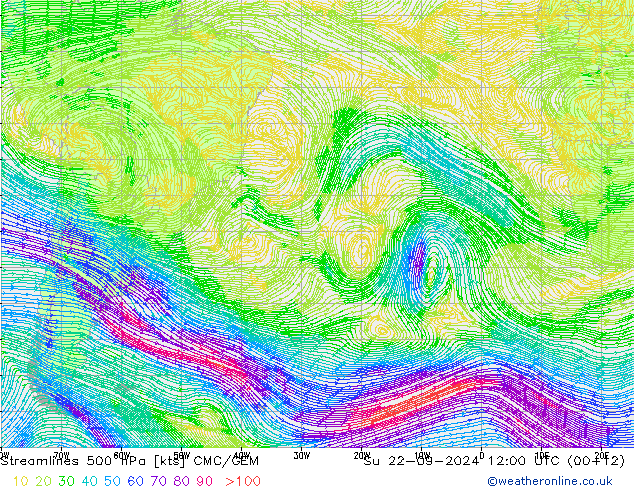 Streamlines 500 hPa CMC/GEM Su 22.09.2024 12 UTC