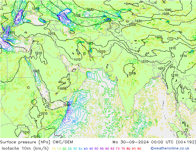 10米等风速线 (kph) CMC/GEM 星期一 30.09.2024 00 UTC