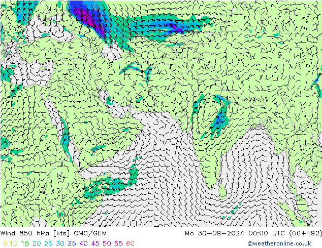 风 850 hPa CMC/GEM 星期一 30.09.2024 00 UTC