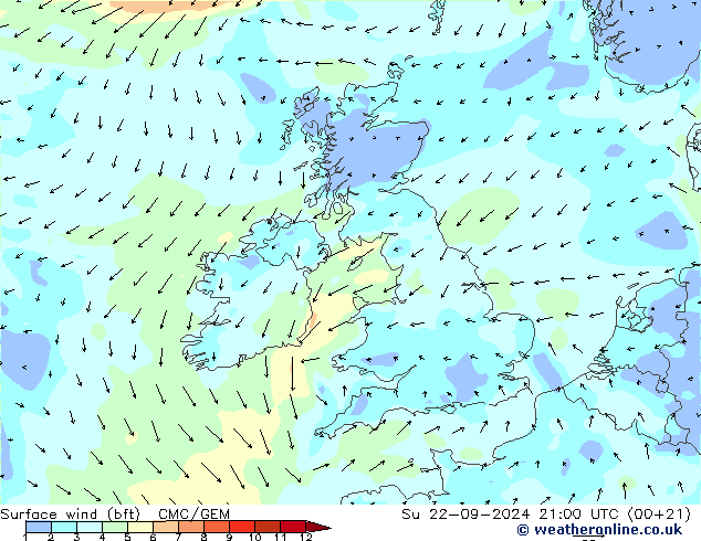 Bodenwind (bft) CMC/GEM So 22.09.2024 21 UTC