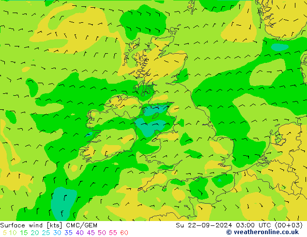 Vento 10 m CMC/GEM Dom 22.09.2024 03 UTC