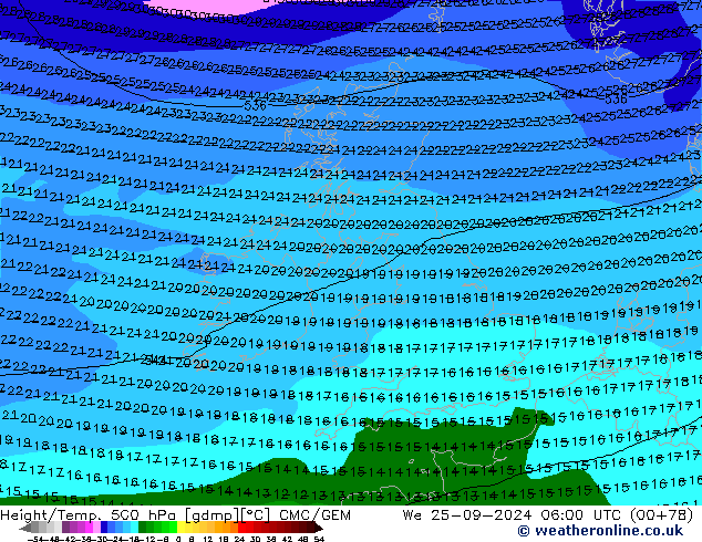 Height/Temp. 500 гПа CMC/GEM ср 25.09.2024 06 UTC