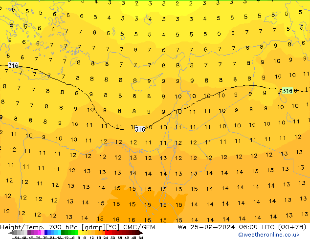 Height/Temp. 700 гПа CMC/GEM ср 25.09.2024 06 UTC