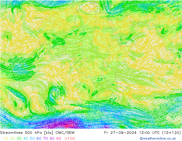 Linia prądu 500 hPa CMC/GEM pt. 27.09.2024 12 UTC