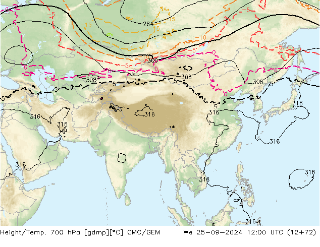 Height/Temp. 700 hPa CMC/GEM Qua 25.09.2024 12 UTC