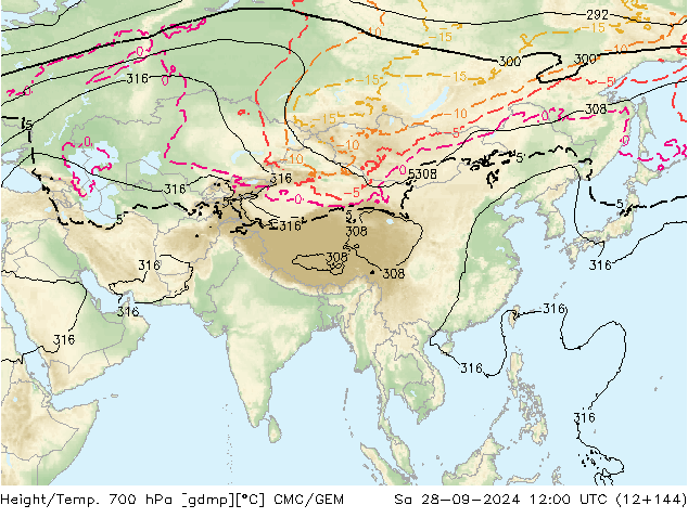 Yükseklik/Sıc. 700 hPa CMC/GEM Cts 28.09.2024 12 UTC