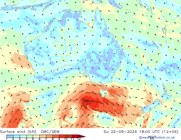 wiatr 10 m (bft) CMC/GEM nie. 22.09.2024 18 UTC