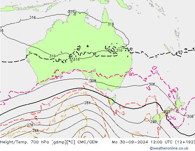 Géop./Temp. 700 hPa CMC/GEM lun 30.09.2024 12 UTC