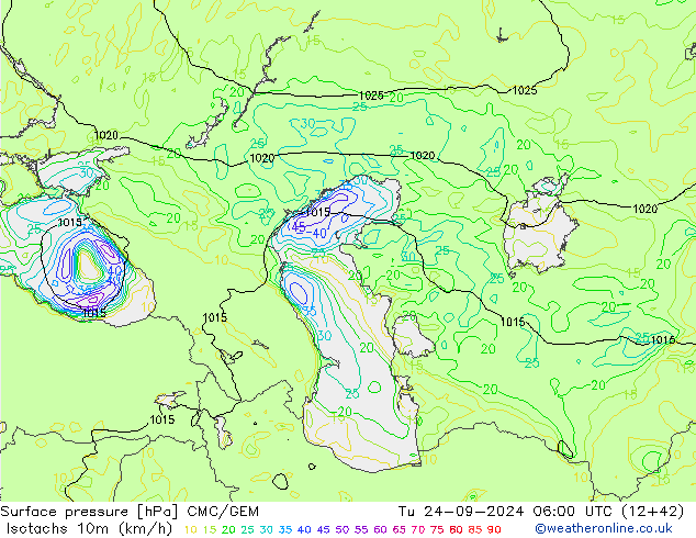 Isotachs (kph) CMC/GEM Tu 24.09.2024 06 UTC