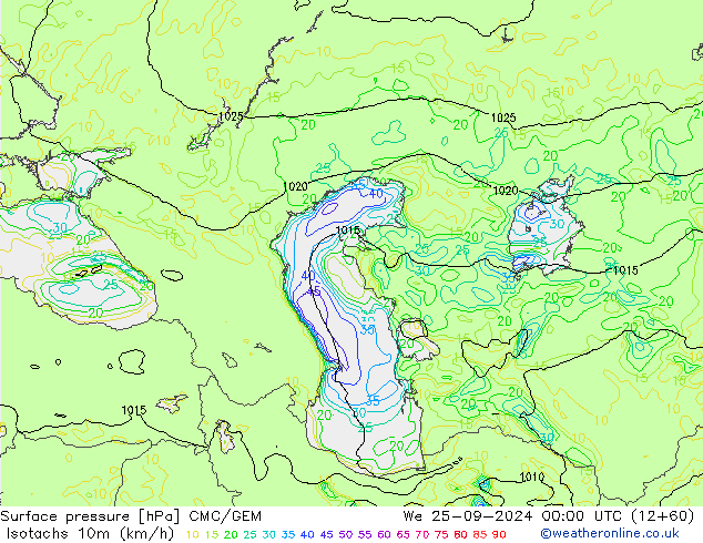 Izotacha (km/godz) CMC/GEM śro. 25.09.2024 00 UTC