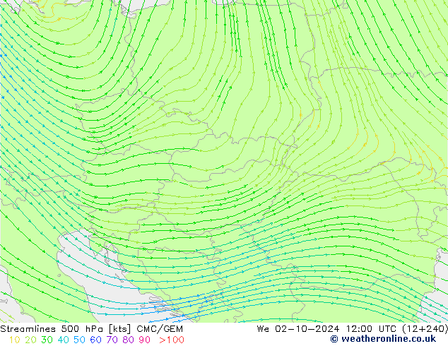 Streamlines 500 hPa CMC/GEM We 02.10.2024 12 UTC