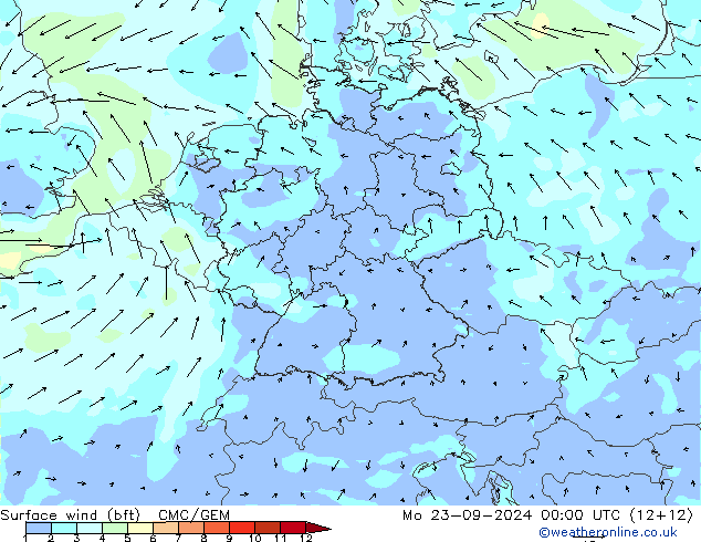 Surface wind (bft) CMC/GEM Po 23.09.2024 00 UTC