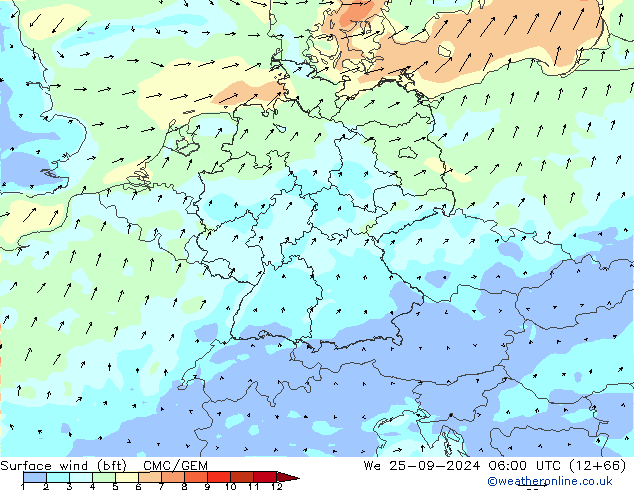 ве�Bе�@ 10 m (bft) CMC/GEM ср 25.09.2024 06 UTC