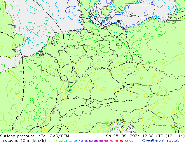 Isotachs (kph) CMC/GEM сб 28.09.2024 12 UTC