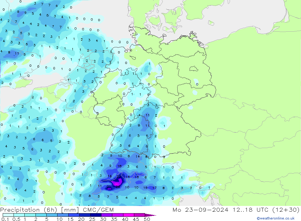 Precipitação (6h) CMC/GEM Seg 23.09.2024 18 UTC