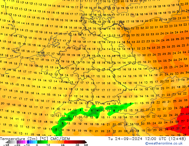 Temperaturkarte (2m) CMC/GEM Di 24.09.2024 12 UTC