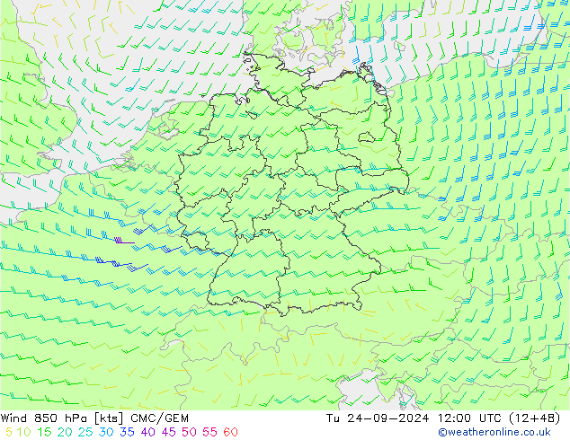 Vent 850 hPa CMC/GEM mar 24.09.2024 12 UTC