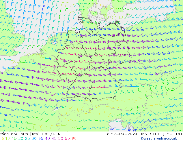 ветер 850 гПа CMC/GEM пт 27.09.2024 06 UTC