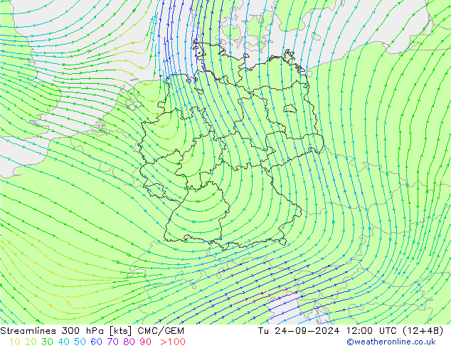 Linha de corrente 300 hPa CMC/GEM Ter 24.09.2024 12 UTC