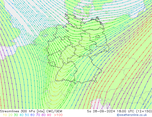 Linia prądu 300 hPa CMC/GEM so. 28.09.2024 18 UTC