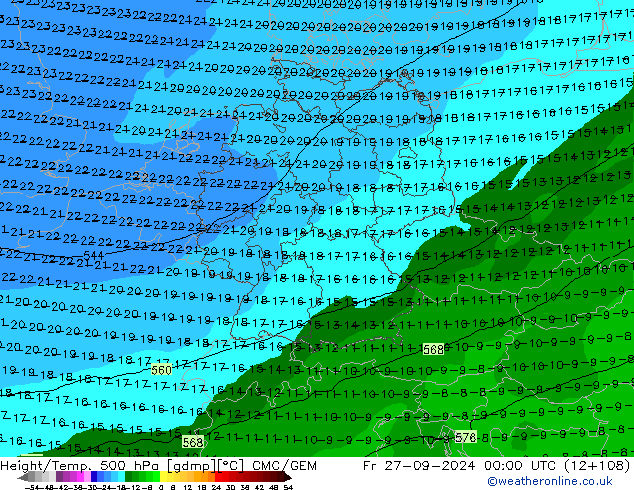 Hoogte/Temp. 500 hPa CMC/GEM vr 27.09.2024 00 UTC