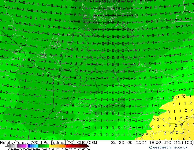 Height/Temp. 700 hPa CMC/GEM so. 28.09.2024 18 UTC