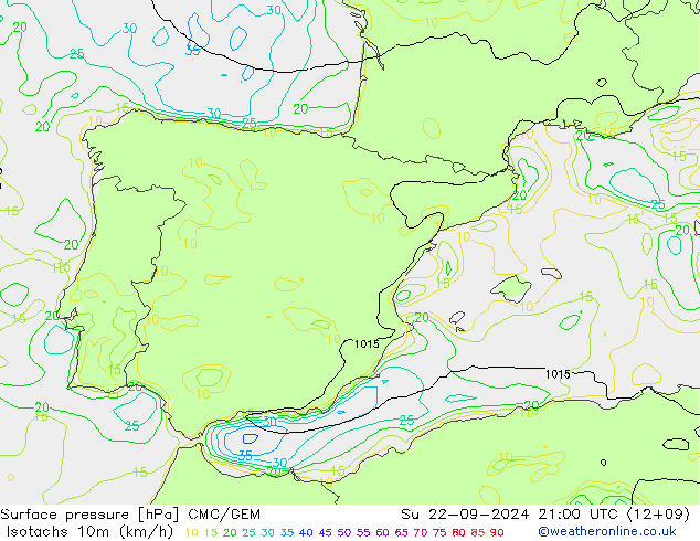 Izotacha (km/godz) CMC/GEM nie. 22.09.2024 21 UTC