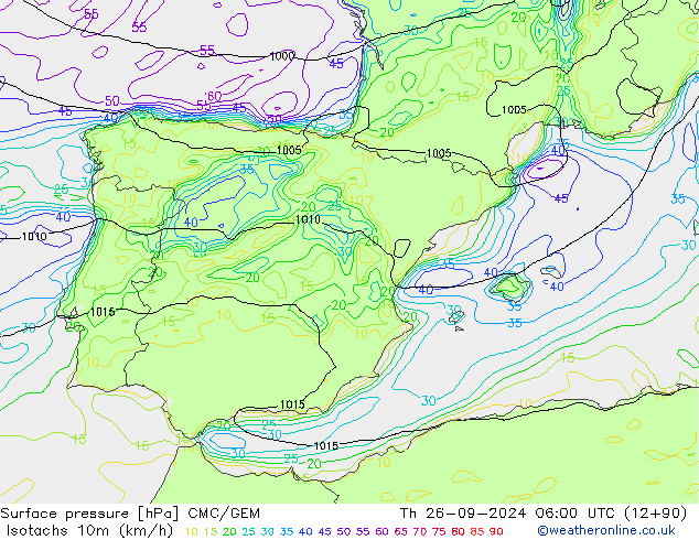 Isotachs (kph) CMC/GEM Th 26.09.2024 06 UTC